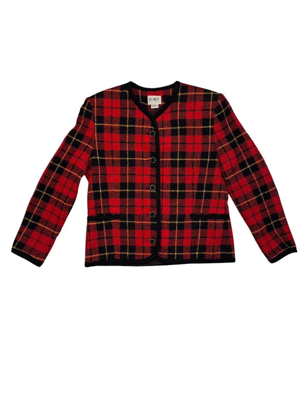 Tartan Plaid Vintage Collarless Red Black Blazer Jacket Women's Size 8P Koret